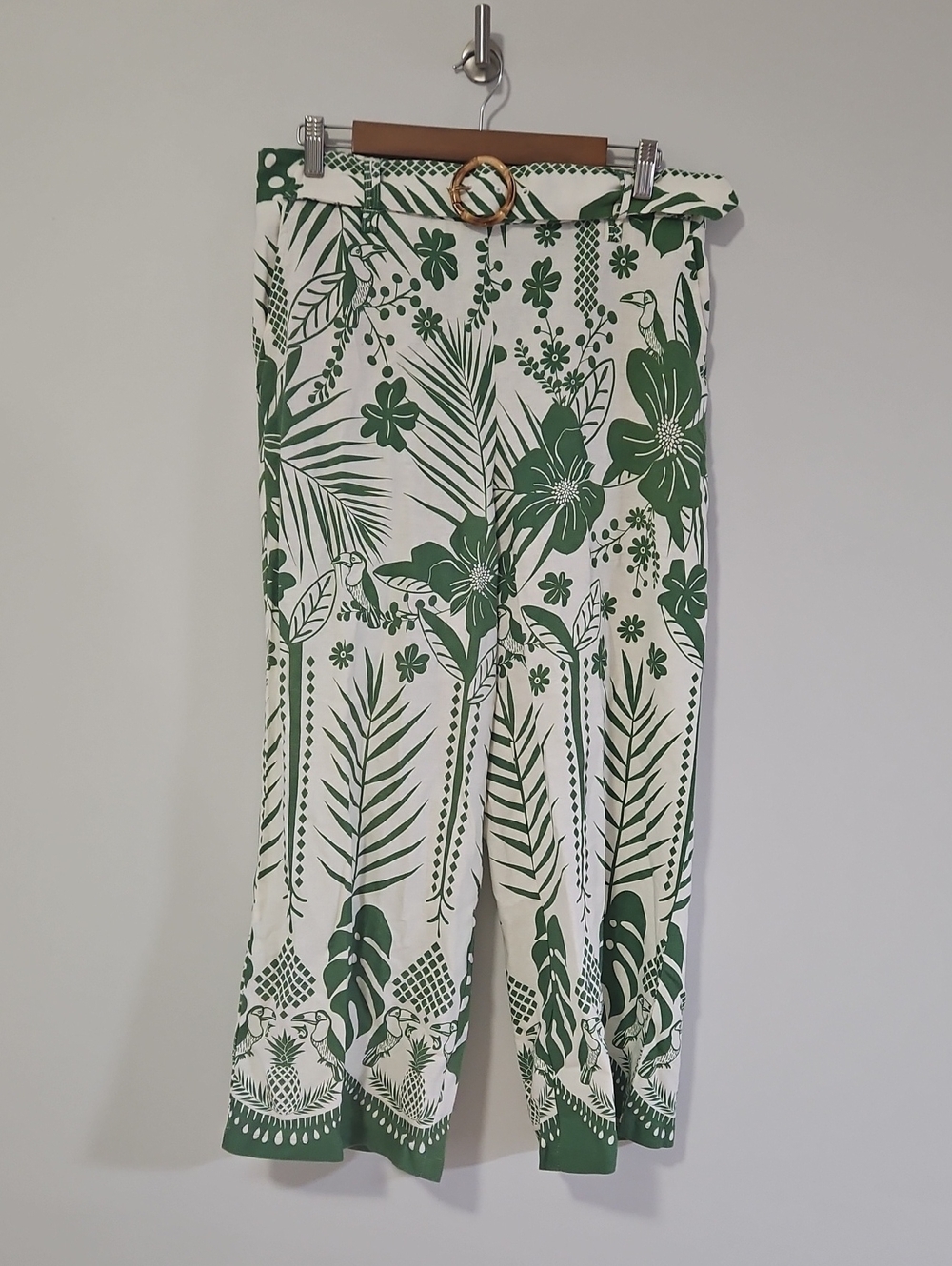 Sigrid Olsen Cream & Green Tropical-Print Wide Leg Crop Pants Large